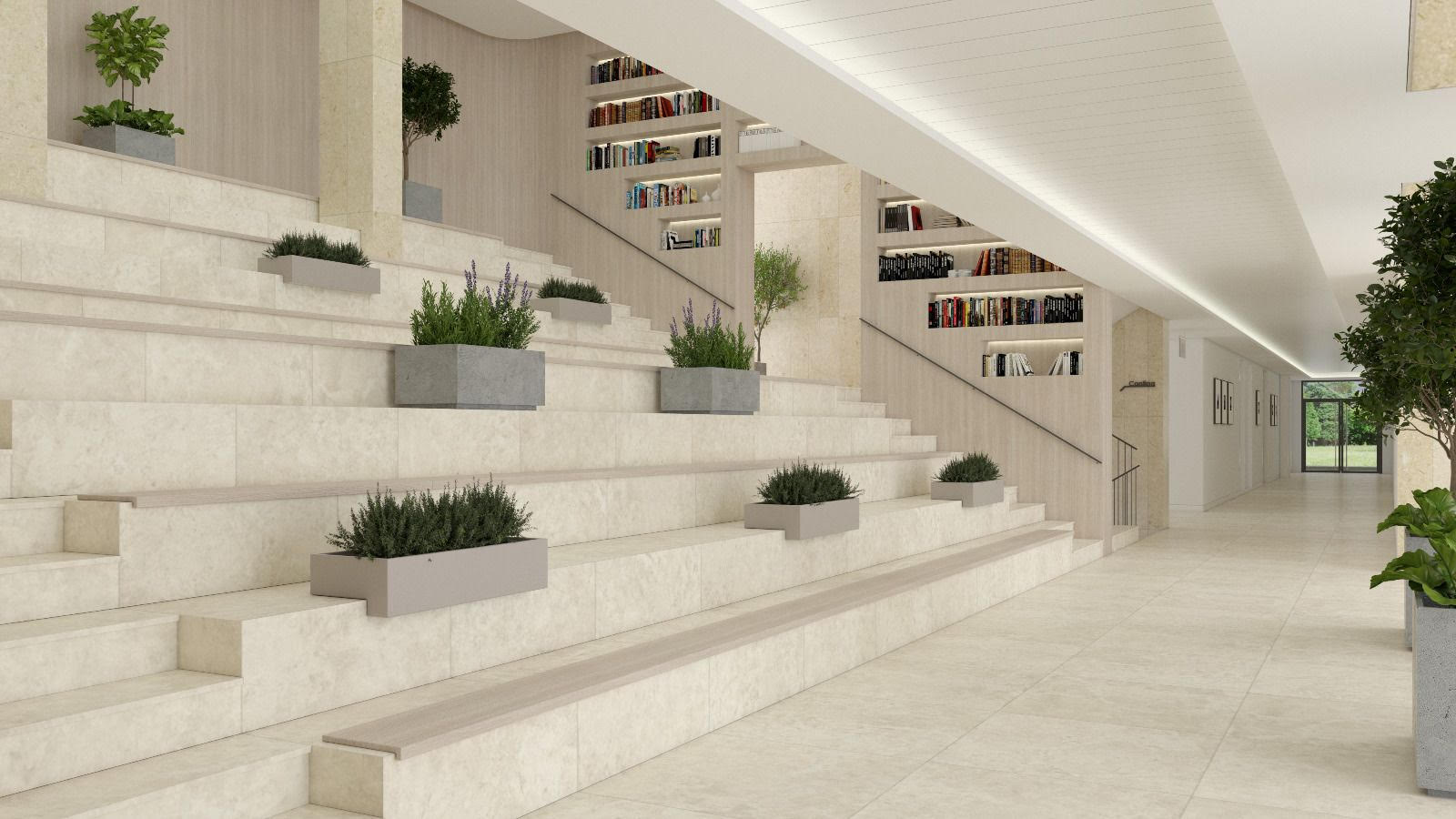 Interior con escaleras, biblioteca y áreas de estudio